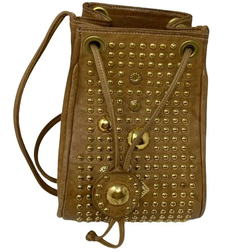 Ladies Tan Studded St Maartan Dallas Crossbody Bucket Drawstring Shoulder Bag